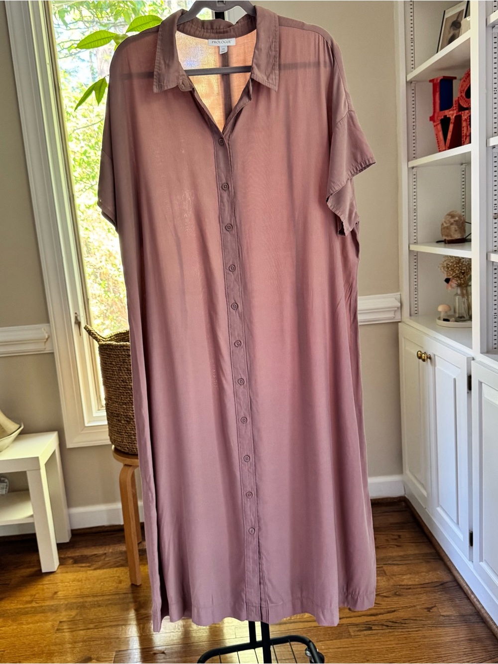 Prologue Women's Pink Solid Collared Button Front Shirt Dress Long Size 1X